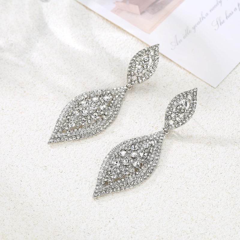 Flyonce Women's Rhinestone Crystal Wedding Bridal 2 Leaf Drop Dangle Large Long Chandelier Earrings Clear 3.3" - Image 4
